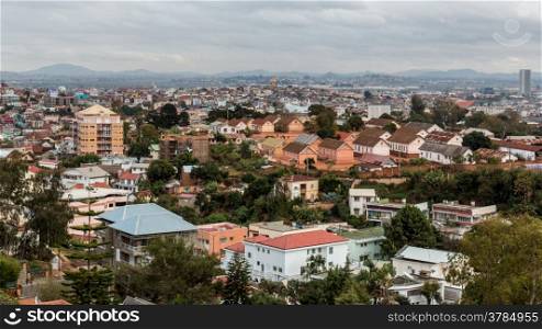 Aerial view of the densely packed houses of Antananarivo, the capital city of Madagascar
