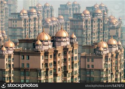 aerial view of the district in Shanghai with domes on high-rise buildings.. aerial view of the district in Shanghai with domes on high-rise buildings