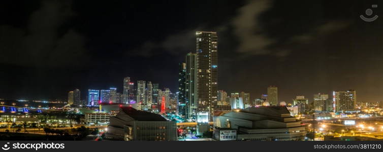 Aerial view of the downtown area of Miami, Florida, showing the colorful skyscrapers and densely packed buildings