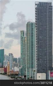 Aerial view of the downtown area of Miami, Florida, showing the colorful skyscrapers and densely packed buildings