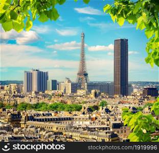 Aerial view of the Eiffel Tower and Montparnasse skyscraper in Paris, France. Capital of France