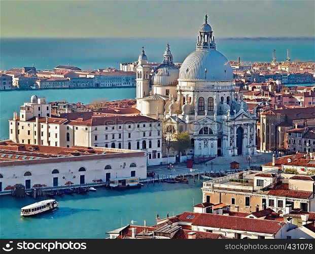 Aerial view of the famous cathedral Santa Maria della Salute in Venice