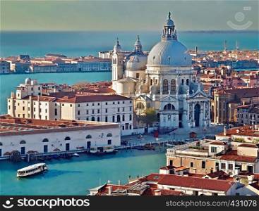 Aerial view of the famous cathedral Santa Maria della Salute in Venice