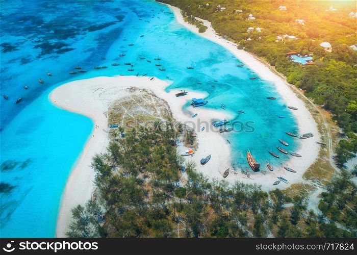 Aerial view of the fishing boats on tropical sea coast with sandy beach at sunset. Summer holiday on Indian Ocean, Zanzibar, Africa. Landscape with boat, green trees, transparent blue water. Top view. Aerial view of the fishing boats on sea coast with sandy beach