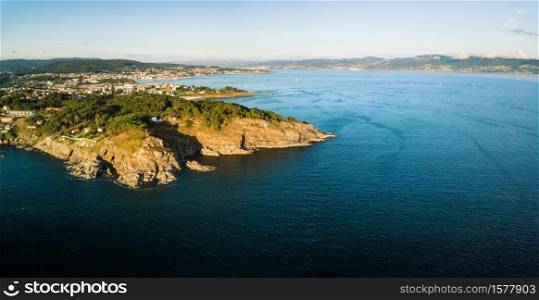 Aerial view of the Galician coast at the opening of the Ria de Pontevedra, were the Atlantic ocean meets the land.