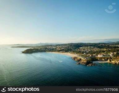 Aerial view of the Galician coast at the opening of the Ria de Pontevedra, were the Atlantic ocean meets the land.