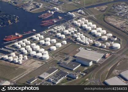 Aerial view of the harbour Rotterdam Pernis Holland with petrochemical industry
