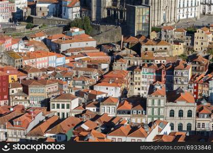 Aerial view of the Historical Centre of Porto: view from Clerigos Tower, Portugal. Beautiful Porto Skyline - Rooftops and City Center, Portugal