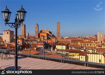 Aerial view of the historical part of the city and the tower. Bologna. Italy.. Bologna. Aerial view of the city.