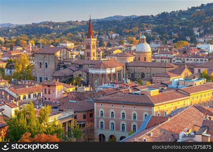 Aerial view of the historical part of the city and the tower. Bologna. Italy.. Bologna. Aerial view of the city.