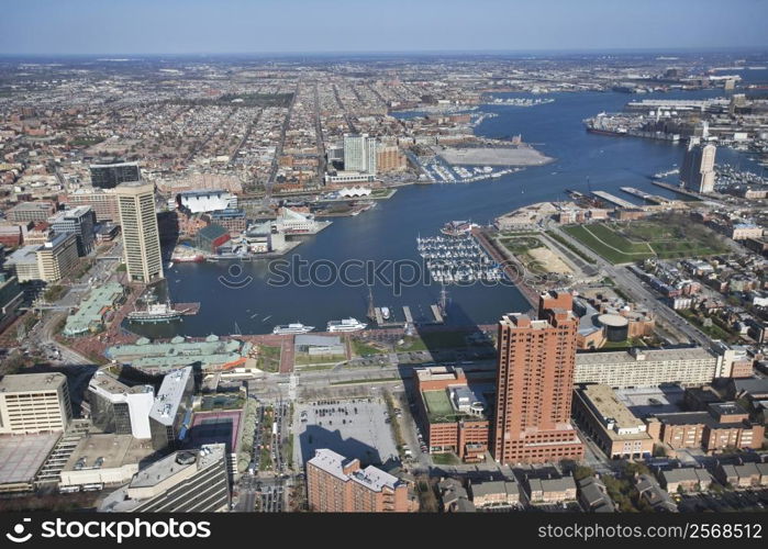 Aerial view of the Inner Harbor in Baltimore, Maryland.