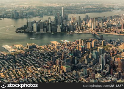 Aerial view of the Island of Manhattan and part of Queens Borough of New York