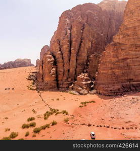 Aerial view of the Lawrence spring in the Jordanian desert near Wadi Rum, made with drone