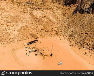 Aerial view of the Lawrence spring in the Jordanian desert near Wadi Rum, made with drone