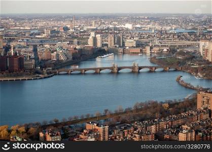 Aerial view of the Longfellow Bridge in Boston, Massachusetts, USA