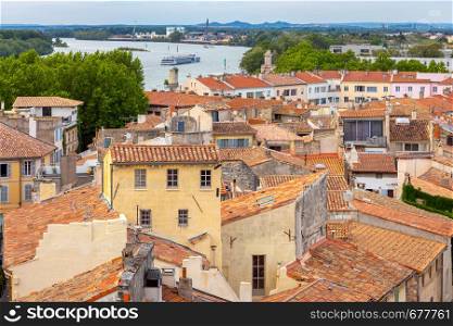 Aerial view of the medieval historical part of the city. Arles. Provence. France.. Arles. Scenic aerial view of the city on a sunny day.