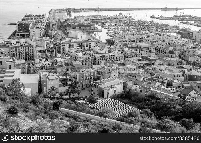 Aerial view of the Mediterranean city of Alicante, Spain  black and white image