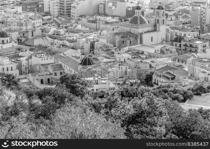 Aerial view of the Mediterranean city of Alicante, Spain; black and white image