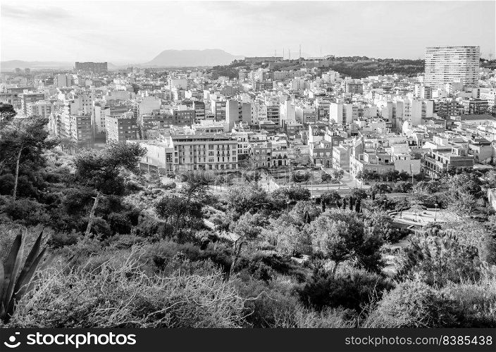 Aerial view of the Mediterranean city of Alicante, Spain  black and white image