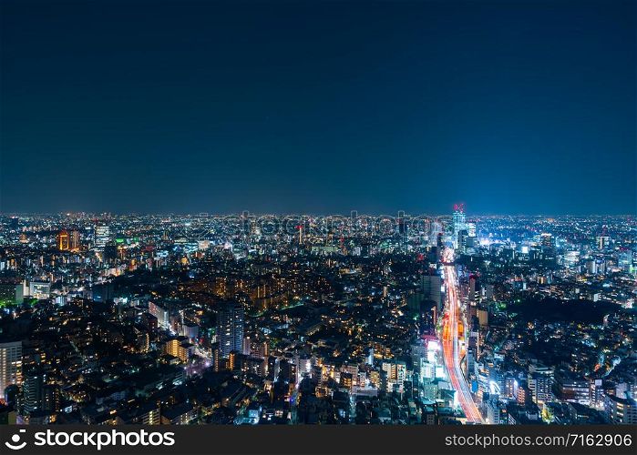Aerial view of the Metropolitan Expressway no.3 Shibuya Line and city, Tokyo, Japan