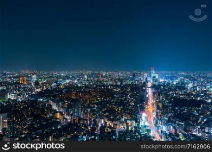 Aerial view of the Metropolitan Expressway no.3 Shibuya Line and city, Tokyo, Japan