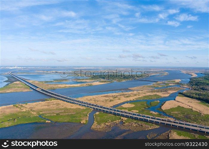 Aerial view of the Mobile Bay, Alabama bridge. Mobile Bay, Alabama bridge