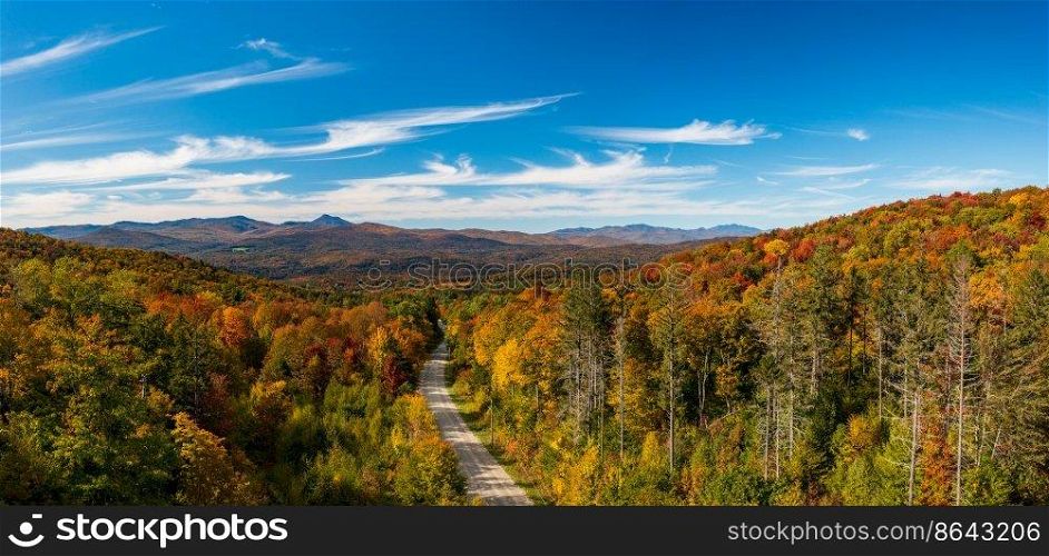 Aerial view of the Moretown Mountain road between Northfield and Moretown in Vermont during the fall. Aerial view of Moretown Mountain Road in Vermont