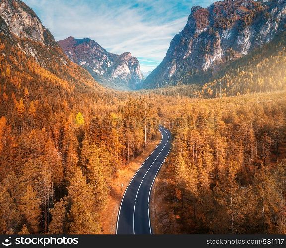 Aerial view of the mountain road in beautiful autumn forest at sunset. Top view of asphalt roadway, trees with red and orange foliage in fall. Colorful landscape with highway in mountains. Travel. Aerial view of the road in beautiful autumn forest at sunset
