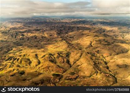 Aerial view of the of the mountainous terrain of the highland areas of Madagascar