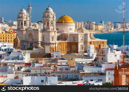 Aerial view of the old city rooftops and Cathedral de Santa Cruz in the morning in Cadiz, Andalusia, Spain