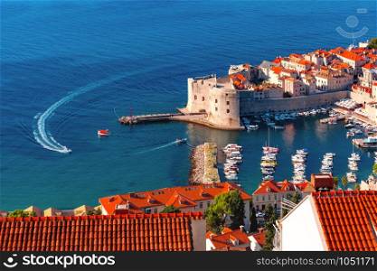 Aerial view of The Old Harbour and Fort St Ivana in Dubrovnik, Croatia. Old Harbor of Dubrovnik, Croatia