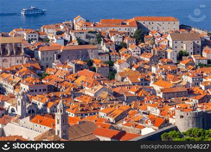 Aerial view of the old medieval historic city on a sunny morning. Dubrovnik. Croatia.. Aerial view of Dubrovnik on a sunny morning.