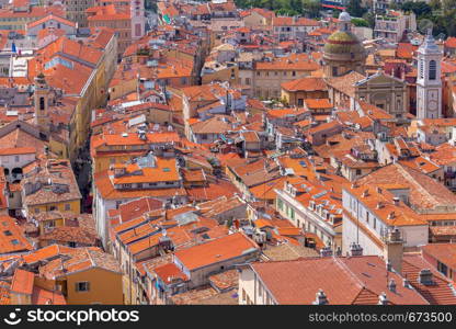 Aerial view of the old town area on a sunny day. Nice. France.. Nice. Aerial view of the old city on a sunny day.