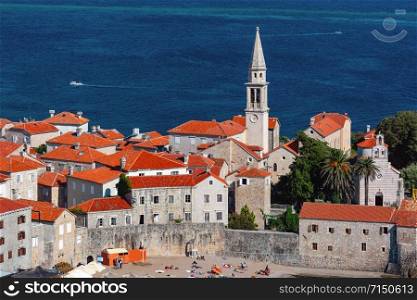 Aerial view of The Old Town of Montenegrin town Budva on the Adriatic Sea, Montenegro. Old Town of Budva, Montenegro