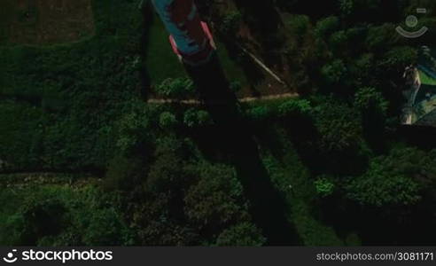 Aerial view of the old working lighthouse among the green grass and trees