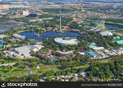 Aerial view of the one of seventh-most visited amusement park in the United States, Orlando, Florida, USA
