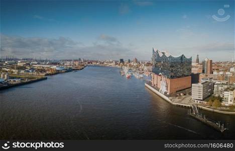 Aerial view of the port of Hamburg with the Elbphilharmonie 