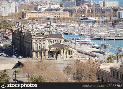 Aerial view of the port Vell in Barcelona, Spain .. Aerial view of the port Vell in Barcelona, Spain