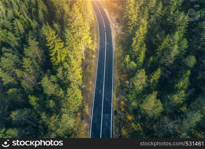 Aerial view of the road in beautiful spring forest at sunset in Dolomites. Top view of perfect asphalt roadway, green pine trees. Natural landscape with highway through the woodland in europe. Travel