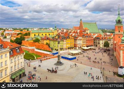 Aerial view of the Royal Castle and Sigismund Column at Castle Square in Warsaw Old town, Poland.