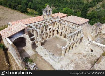 Aerial view of the Ruins Of An Ancient Abandoned Monastery In Santa Maria De Rioseco, Burgos, Spain. High quality photo. Aerial view of the Ruins Of An Ancient Abandoned Monastery In Santa Maria De Rioseco, Burgos, Spain.