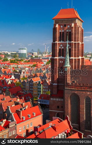 Aerial view of the Saint Mary Church and Old Town in the summer sunny morning from City Hall, Gdansk, Poland