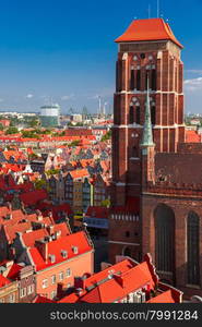 Aerial view of the Saint Mary Church and Old Town in the summer sunny morning from City Hall, Gdansk, Poland