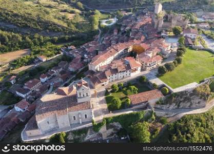 Aerial view of the scenic medieval village of Frias in Burgos province, Spain. Famous touristic destination. High quality 4k footage. Aerial view of the scenic medieval village of Frias in Burgos province, Spain. Famous touristic destination.
