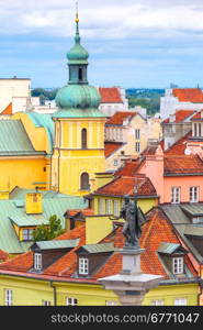 Aerial view of the Sigismund Column at Castle Square and Warsaw Old town, Poland.