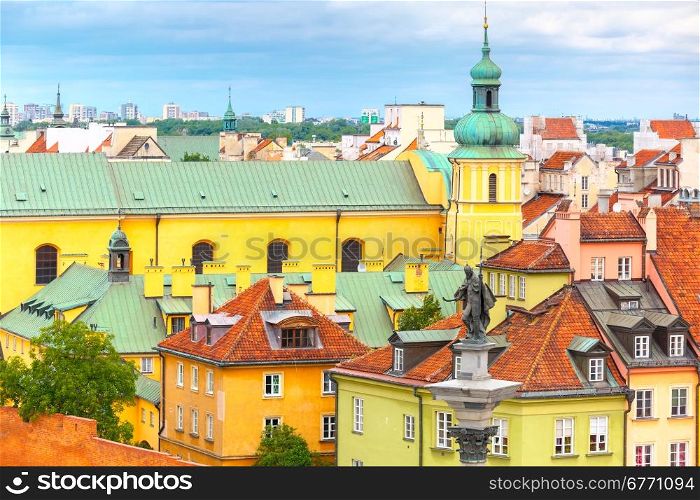 Aerial view of the Sigismund Column at Castle Square and Warsaw Old town, Poland.