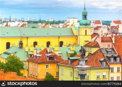Aerial view of the Sigismund Column at Castle Square and Warsaw Old town, Poland.