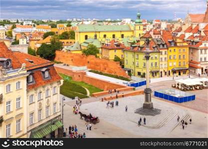 Aerial view of the Sigismund Column at Castle Square in Warsaw Old town, Poland.