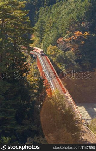 Aerial view of the steam train crossing Oigawa Railroad to go to station with red fall foliage in forest mountain hills and blue river in Autumn season, The red bridge in Shizuoka, Japan