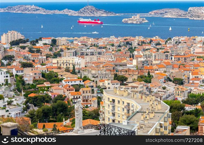 Aerial view of the town If island and the Mediterranean Sea on a sunny day. Marseilles. France.. Marseilles. Aerial view of the island If on a sunny day.